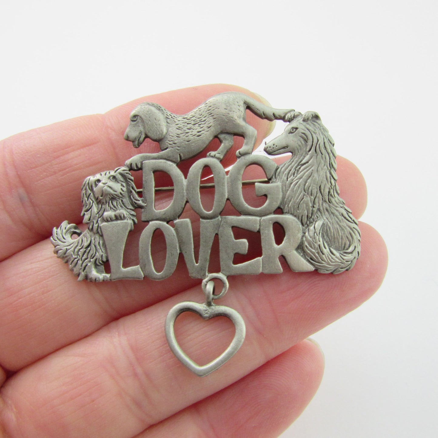 Pewter Dog Lover Brooch with Dangling Heart - 1549PP