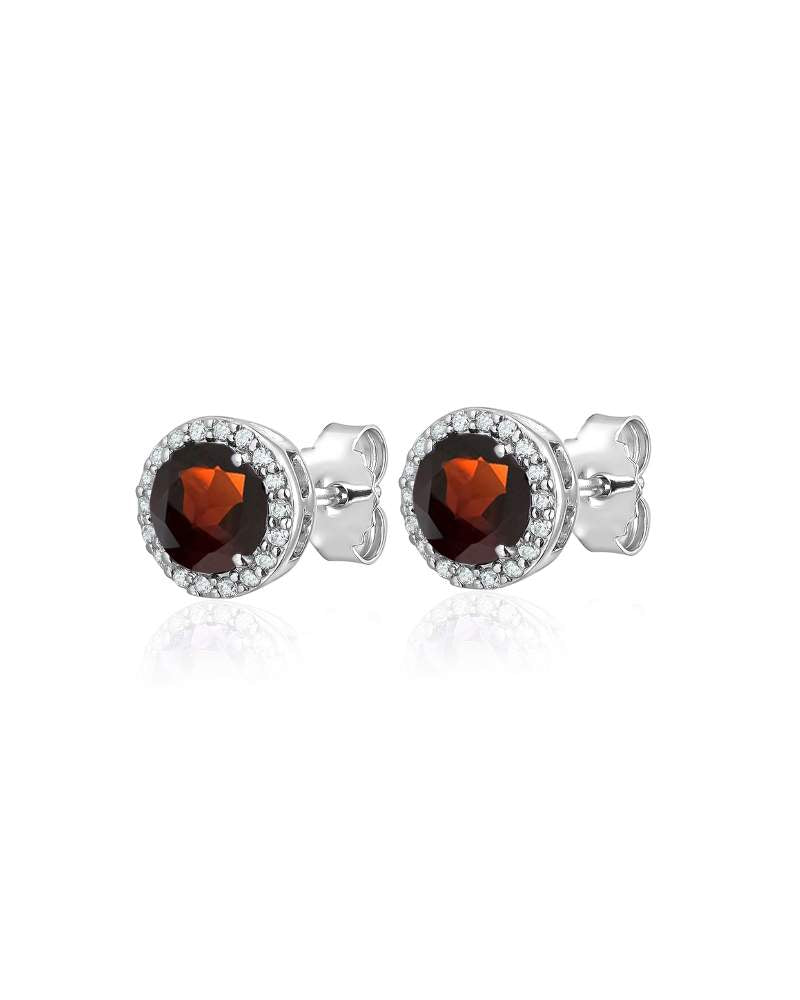 Garnet and Cubic Zirconia Halo Studs - Sterling Silver Earrings - CE-E01G