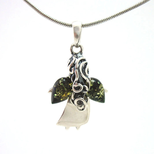 Sterling Silver Angel Pendant with Green Amber Wings