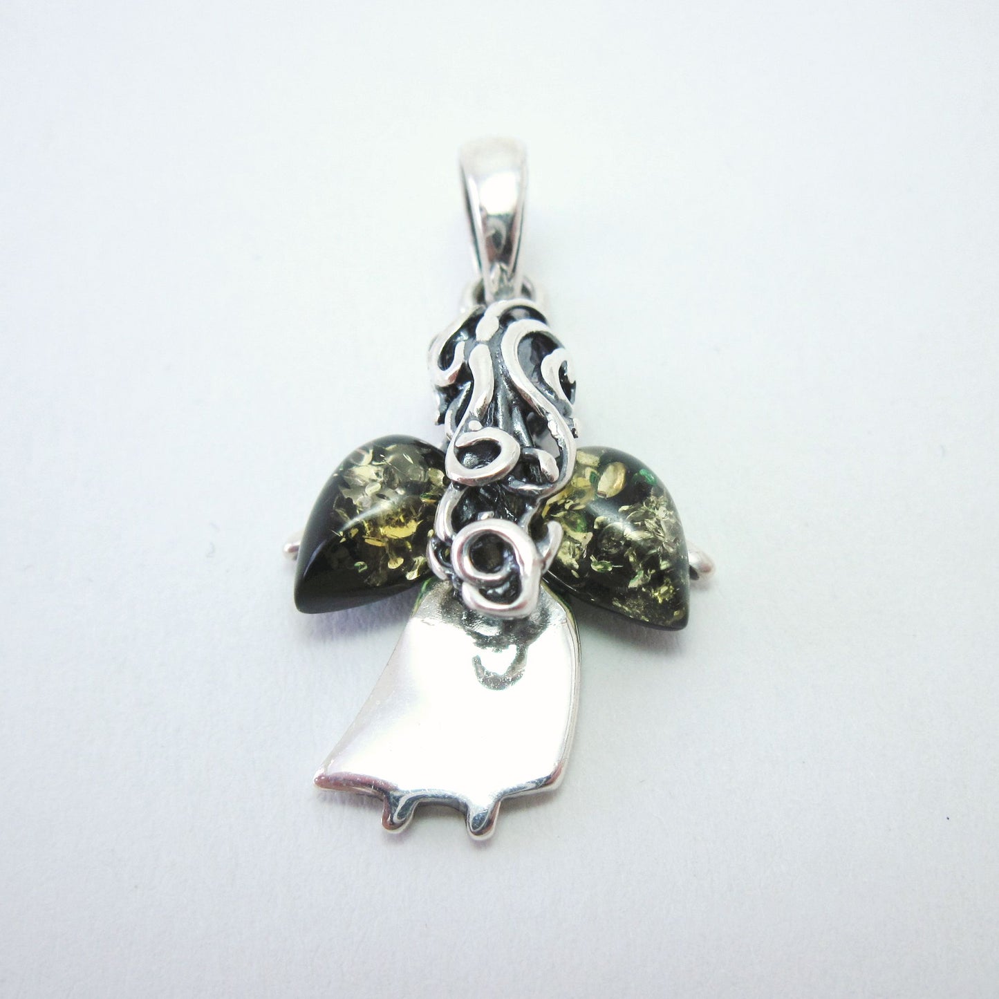 Sterling Silver Angel Pendant with Green Amber Wings