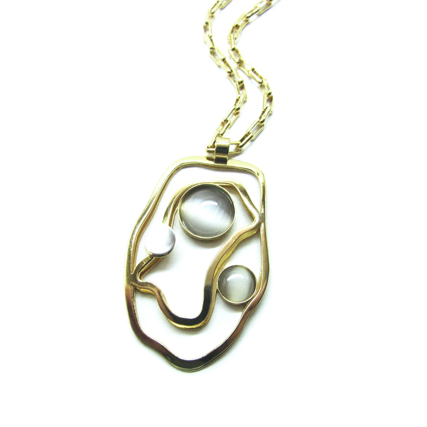 Light Grey Cats Eye Goldtone Necklace with Long Chain by Christophe POLY