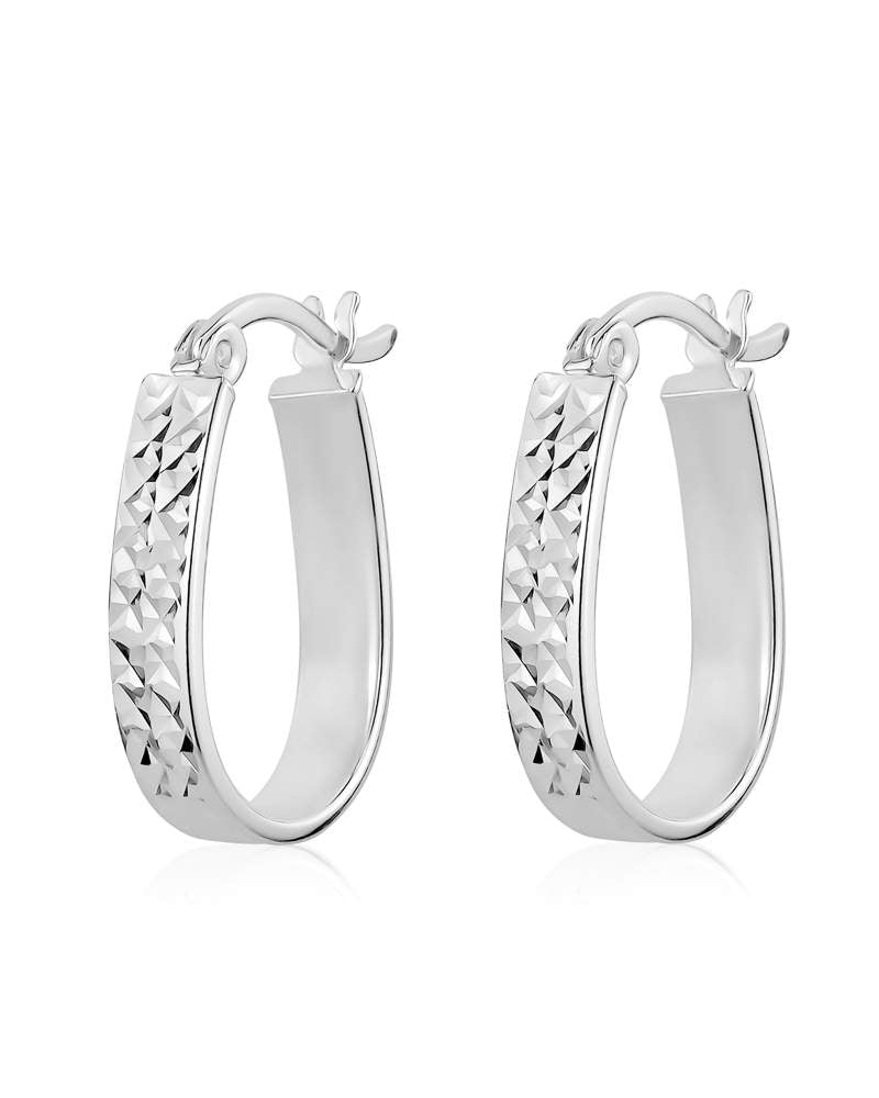 Diamond-cut Oval Hoop Earrings - Rhodium plated - A-E016