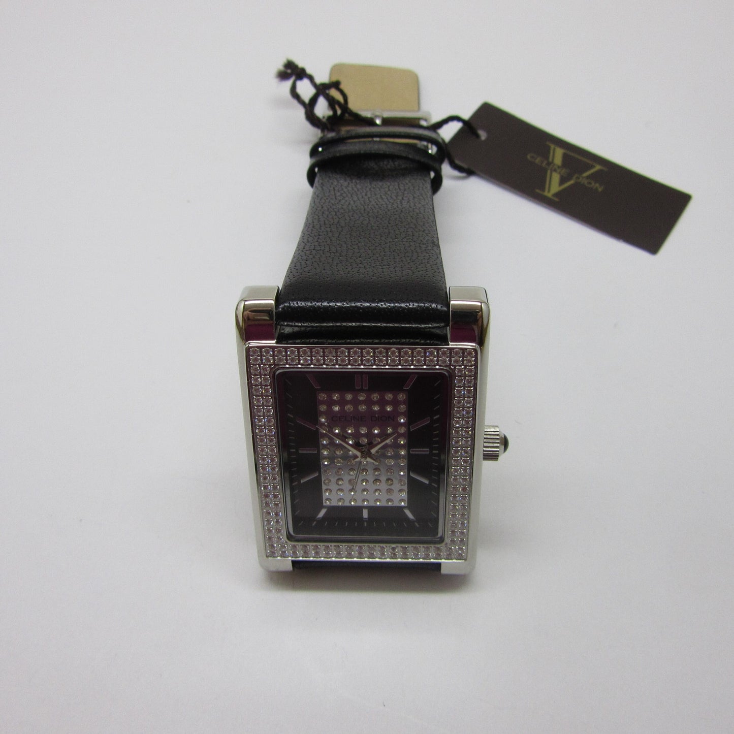CELINE DION - Tank Style Crystal Pave Case with Black Band Wristwatch