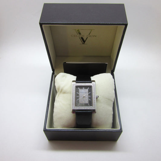 CELINE DION - Tank Style Crystal Pave Case with Black Band Wristwatch