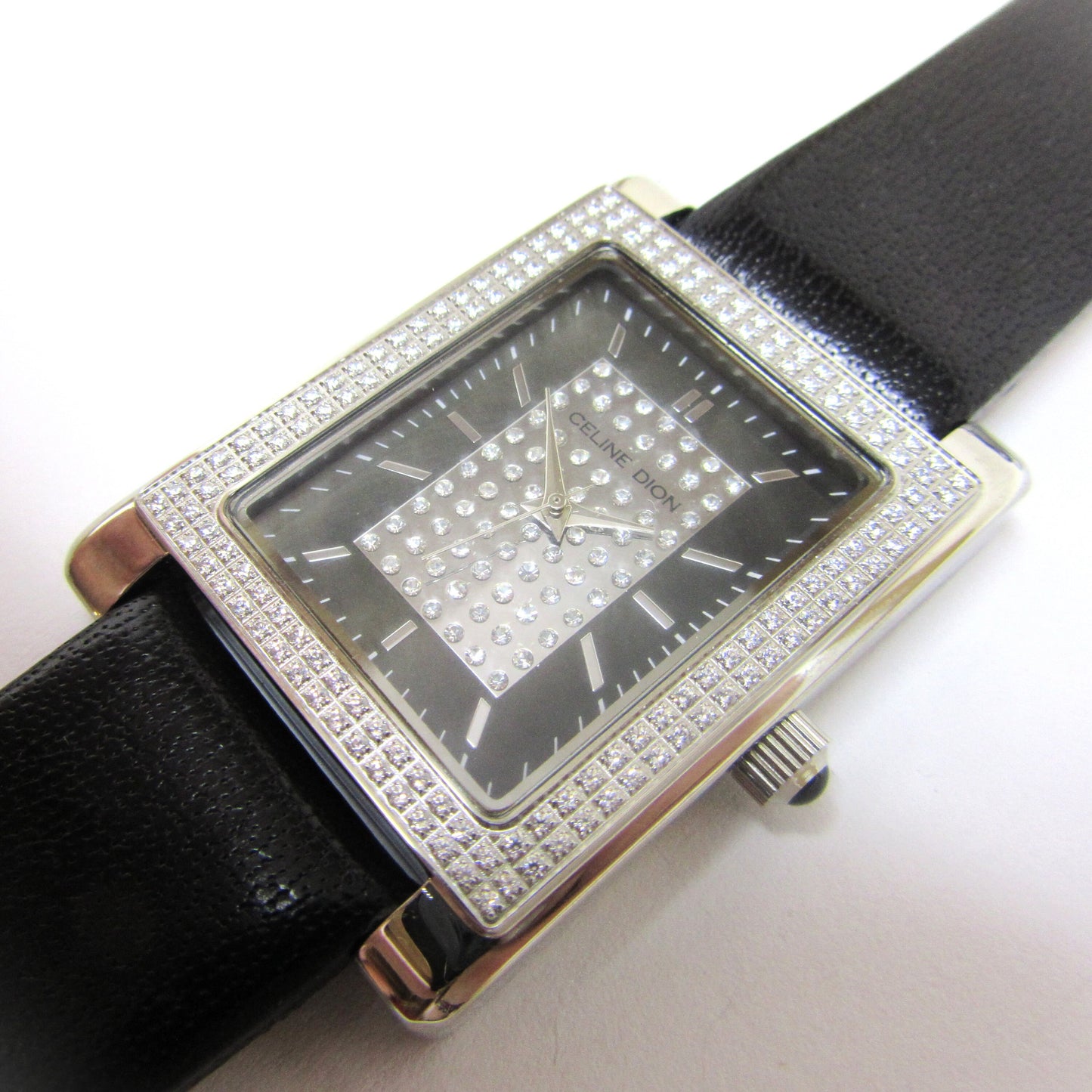 CELINE DION - Tank Style Crystal Pave Case with Black Band Wristwatch