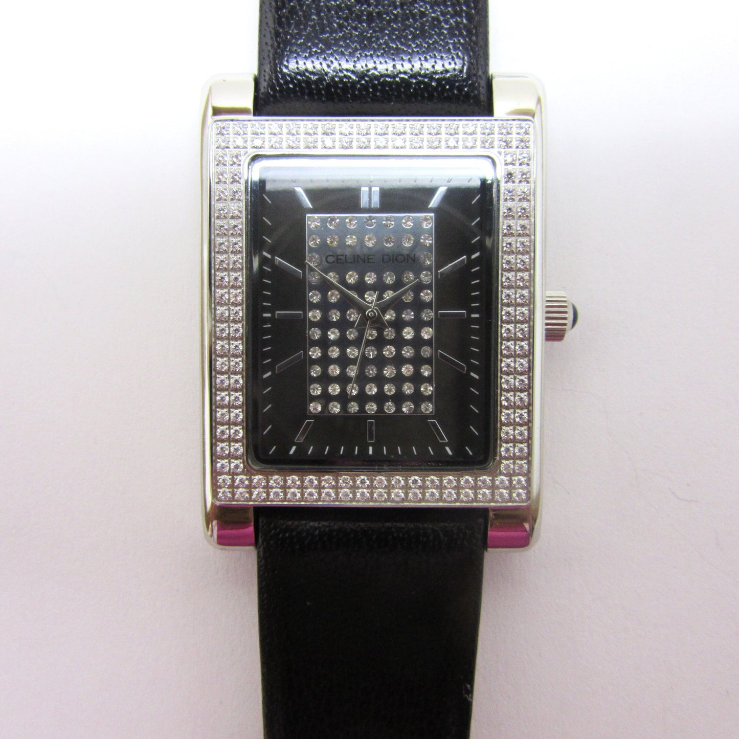 CELINE DION - Tank Style Crystal Pave Case with Black Band Wristwatch