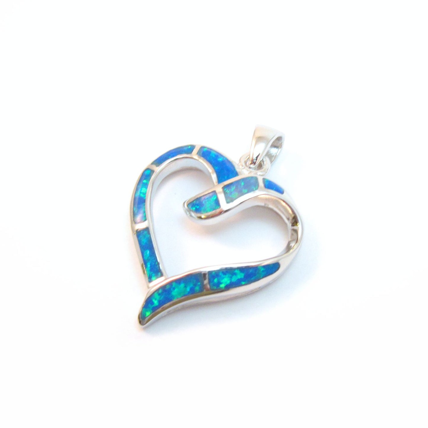 Open Heart with Opal Inlay - Sterling Silver with Chain (Blue or White)