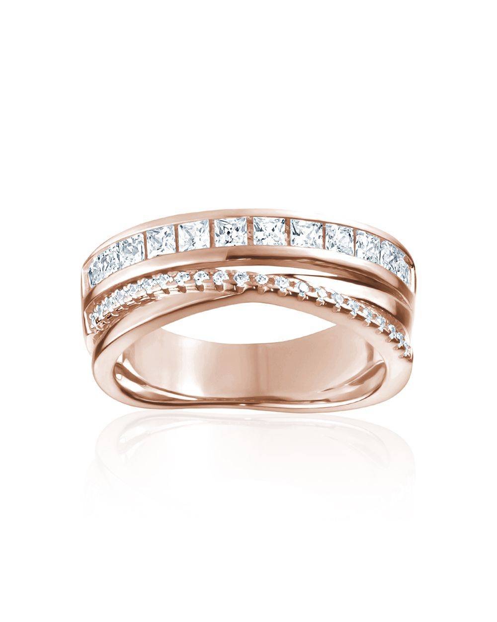 Rose Gold-Plated Cubic Zirconia Channel-set & Criss-cross Design Ring - Sterling Silver AP-R79