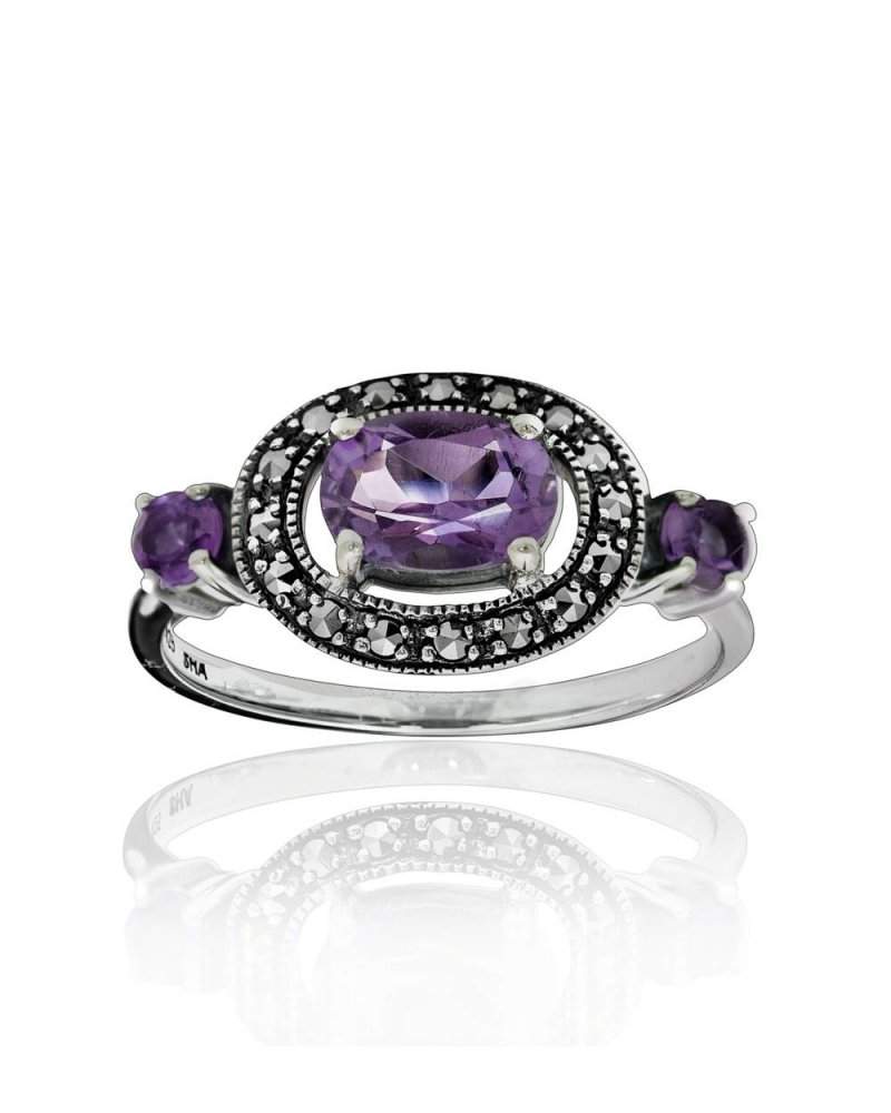 Sterling Silver Marcasite and Three Oval Amethyst Ring - 01R133AMF