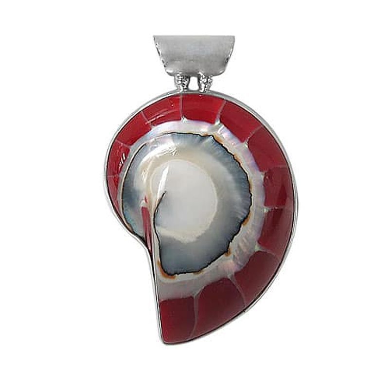 Sterling Silver and Red Enamel Nautilus Shell Pendant