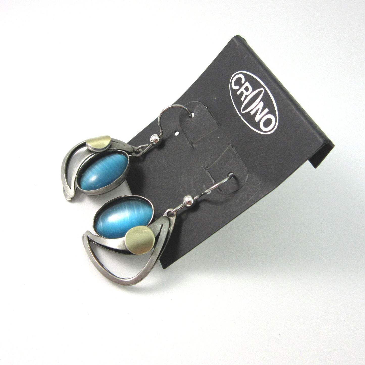 Blue Cats Eye Two-tone Curved Dangle Earrings by Christophe POLY