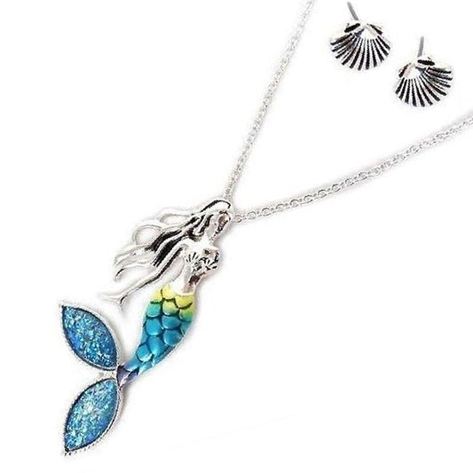 Colourful Mermaid Necklace with Shell Stud Earrings by Chelsea Pewter