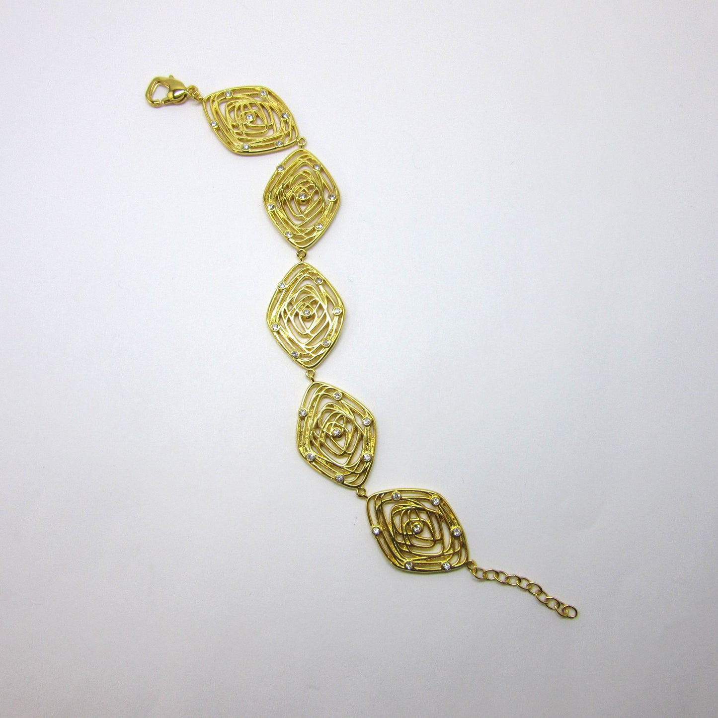 Gold-plated Steel Bracelet with Diamond-shaped Links and Cubic Zirconias - BR3826