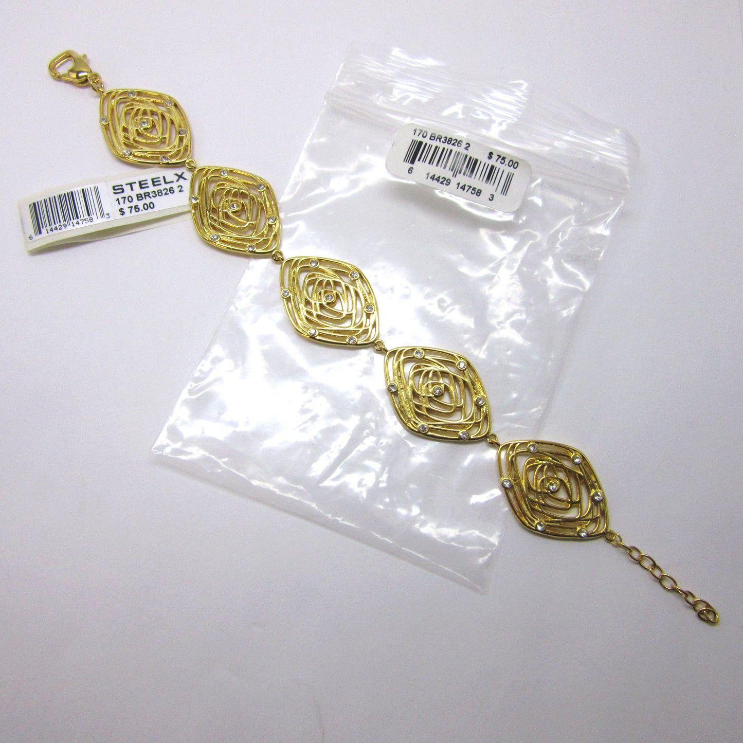 Gold-plated Steel Bracelet with Diamond-shaped Links and Cubic Zirconias - BR3826