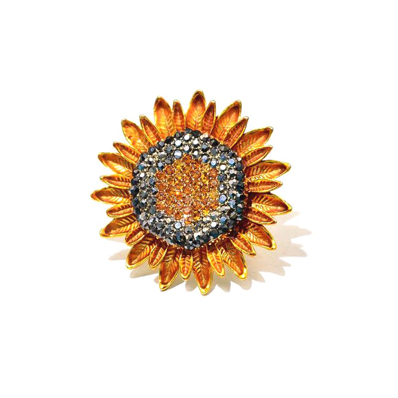 Yellow Sunflower Brooch - Silver-Grey Rhinestones - Aid for Ukraine - Jewelry Pin