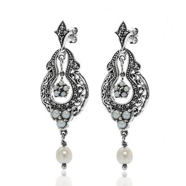 Marcasite and Seed Pearl Dangle Earrings - Sterling Silver