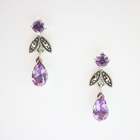 Amethyst Leaf Earrings with Marcasite - Click Image to Close