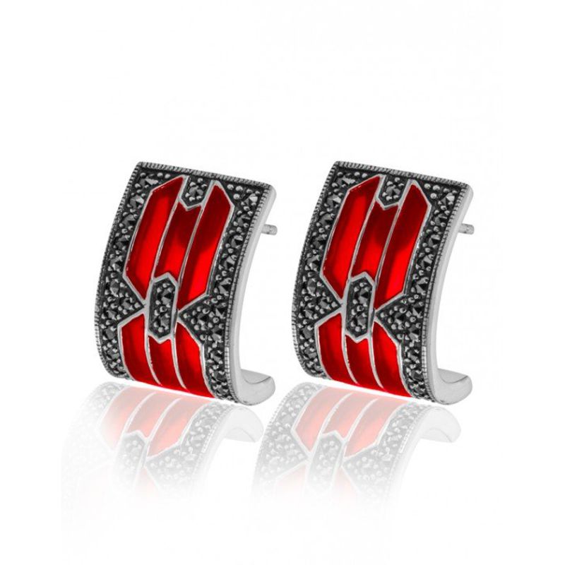 Red Enamel and Marcasite 1/2 Hoop Wide Earrings - Click Image to Close
