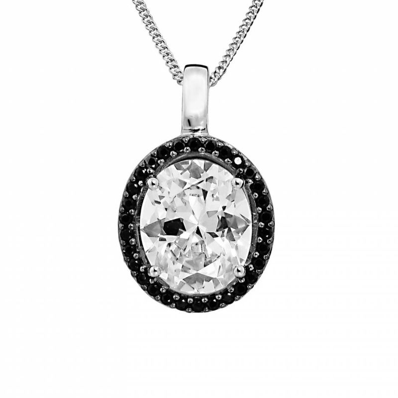 Black and Clear CZ Oval Pendant w/Chain - AR-P44 - Click Image to Close