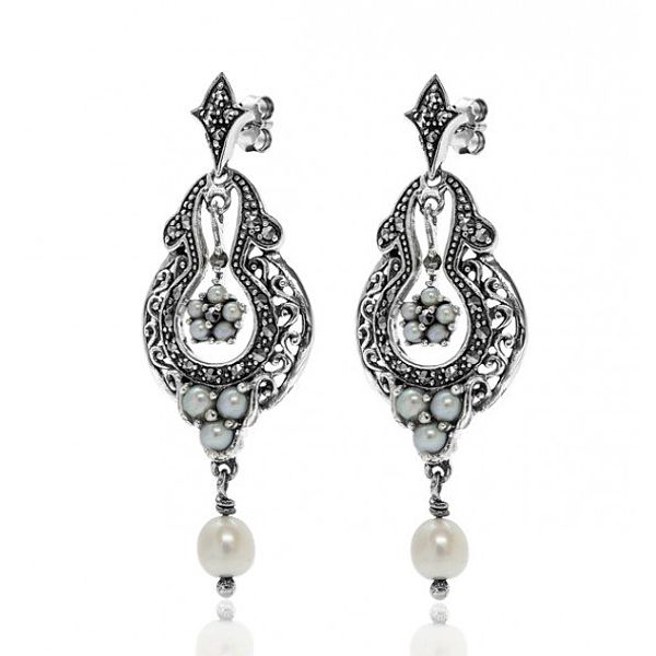 Victorian style Marcasite and Seed Pearl Dangle Earrings - Click Image to Close