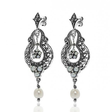 Victorian style Marcasite and Seed Pearl Dangle Earrings