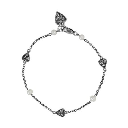 Marcasite Hearts and White Freshwater Pearl Bracelet - Sterling Silver - 01L402CFP