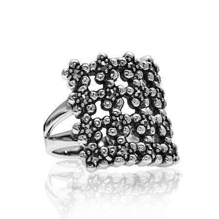 Sterling Silver Marcasite Flower Square 'Quilt' Ring - 01R023MC