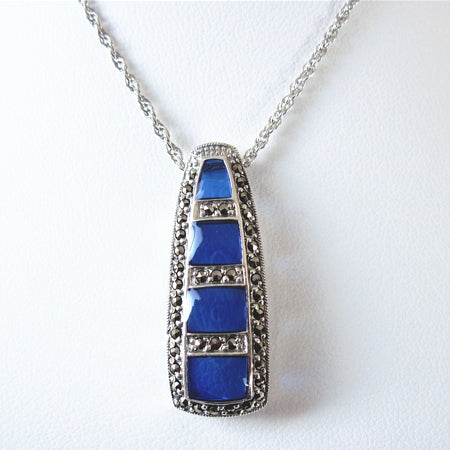 Blue Enamel 4-Window Marcasite Pendant with Chain