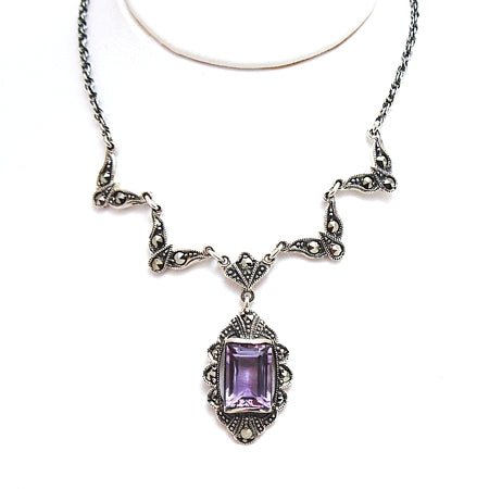 Amethyst and Marcasite Sterling Silver Necklace - Vintage Look