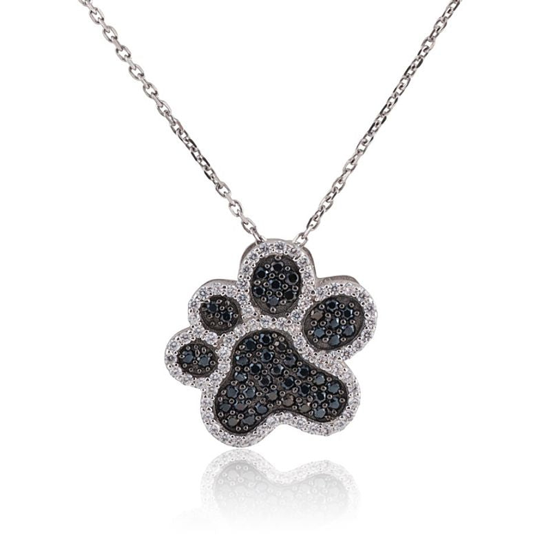 Sterling Silver Pave Paw Print Slide Pendant - with Black and Clear Cubic Zirconias - K-6972