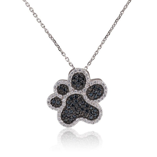 Sterling Silver Pave Paw Print Slide Pendant - with Black and Clear Cubic Zirconias - K-6972