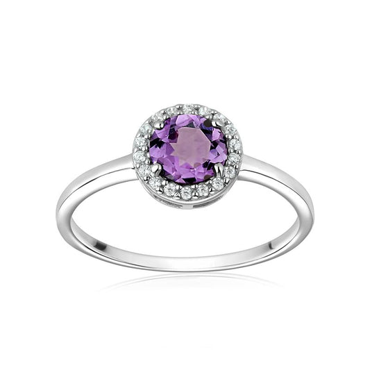 Sterling Silver Genuine Gemstone and Cubic Zirconia Halo Ring