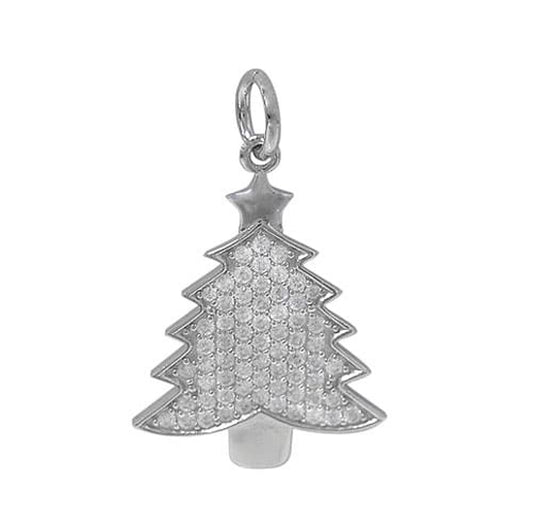 Sterling Silver Pave Cubic Zirconia Christmas Tree Pendant - with Chain