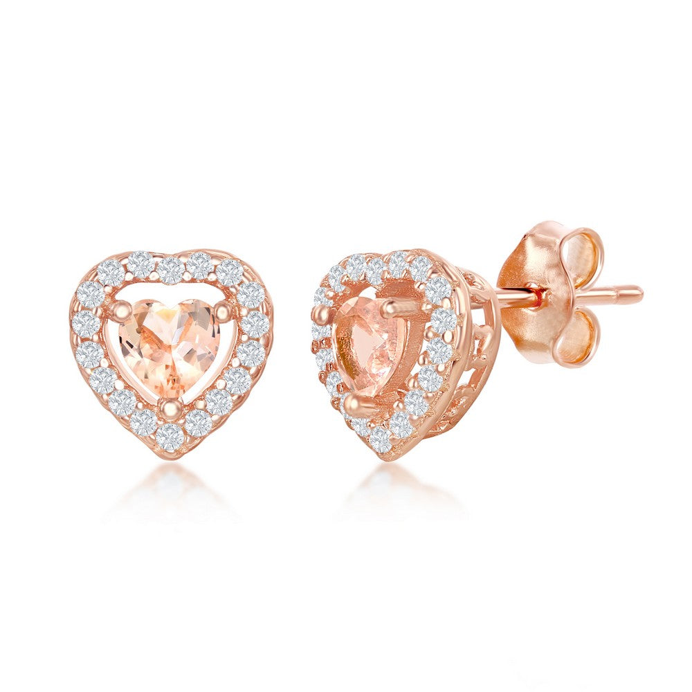 Rose gold plated Sterling Silver and Morganite-CZ Heart Stud Earrings or Necklace