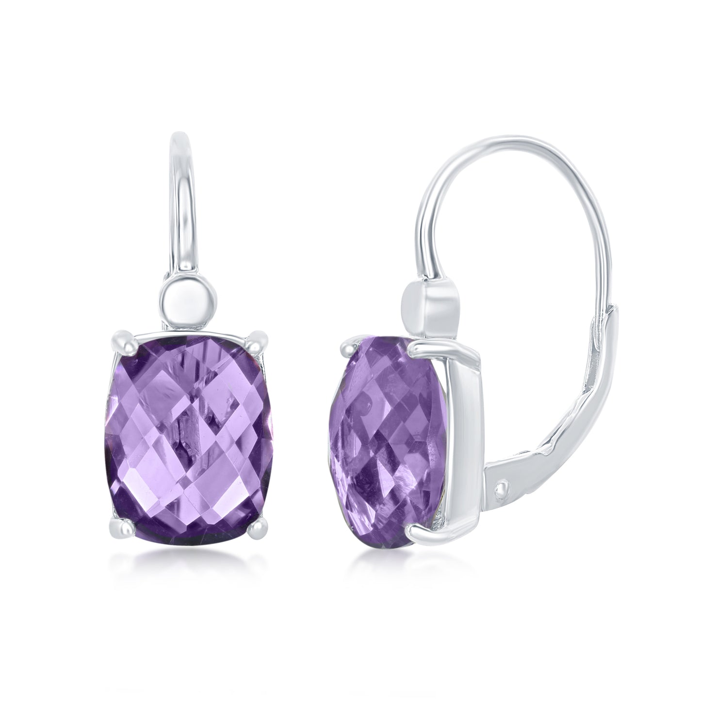 Cushion-cut Genuine Amethyst or Blue Topaz Leverbacks in Sterling Silver - D-7149  D-7150