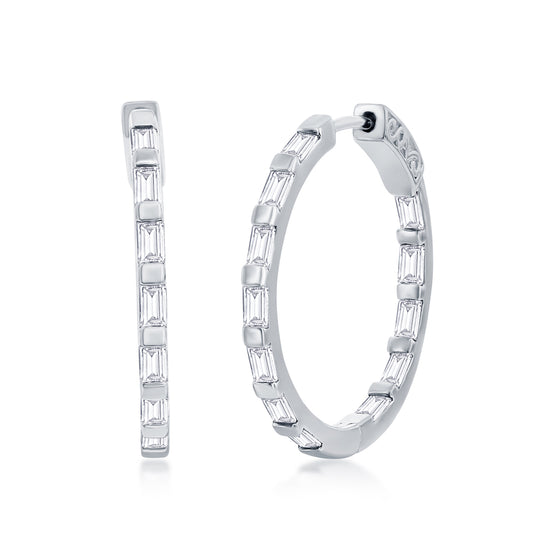 Baguette Cubic Zirconia Rhodium-plated Sterling Silver - Secure Lock Hoop