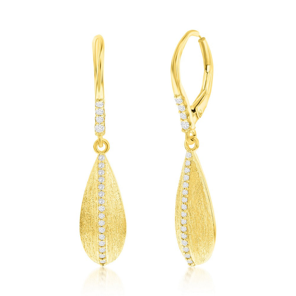 Gold-plated Brushed Teardrop Dangle Leverback Earrings w/Row of Cubic Zirconias