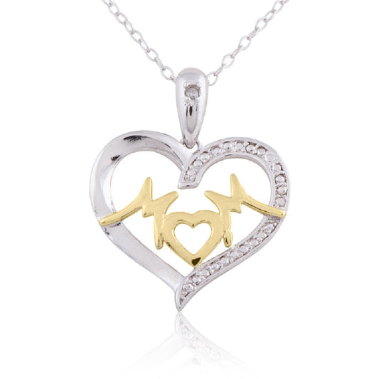 Sterling Silver 'Mom' Heart Pendant with Gold plating - Diamond Accent - DP-238 SG