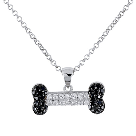 Black & White CZ Dog bone Sterling Silver Pendant (18" Chain Included)