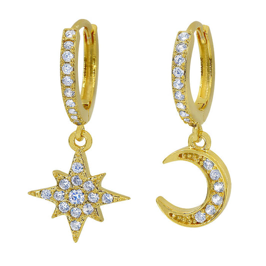 Sterling Huggies with Cubic Zirconias - Mismatched Star & Moon