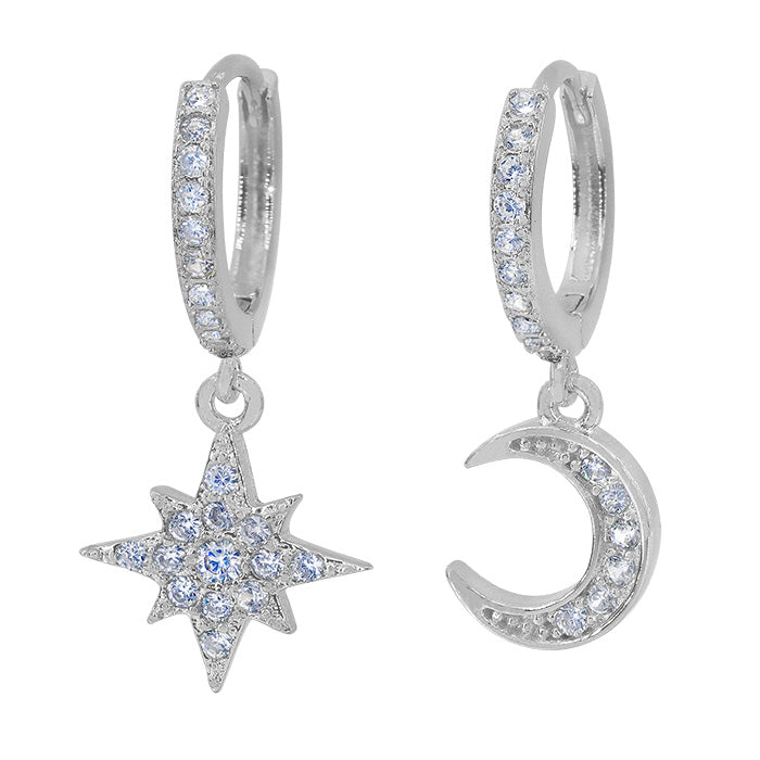 Sterling Huggies with Cubic Zirconias - Mismatched Star & Moon