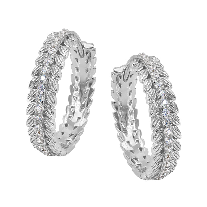 Sterling Silver Huggies with Row of Cubic Zirconias & Feather Edge - 17 mm