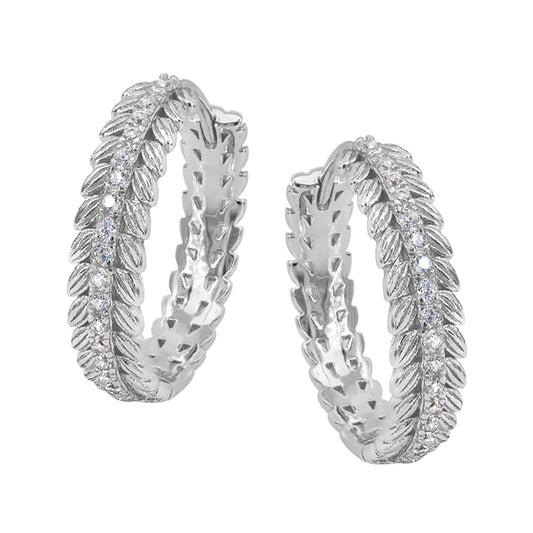 Sterling Silver Huggies with Row of Cubic Zirconias & Feather Edge - 17 mm