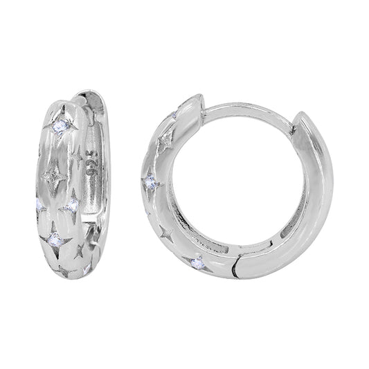 Dotted CZ Sterling Silver Round Huggies - Gypsy Star setting