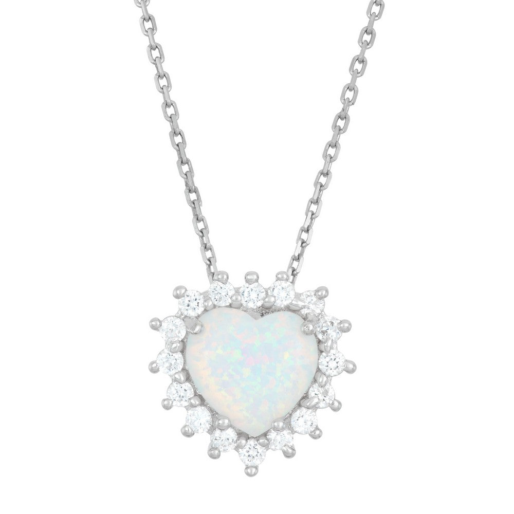 White Opal Heart with Clear Cubic Zirconia Halo Pendant with Chain