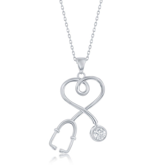 Sterling Silver Stethoscope Pendant with Cubic Zirconia - Includes Chain