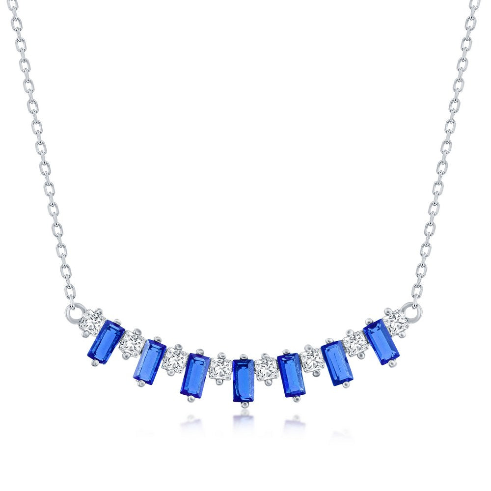Bar Necklace with Baguettes and Clear Cubic Zirconias - Sterling Silver