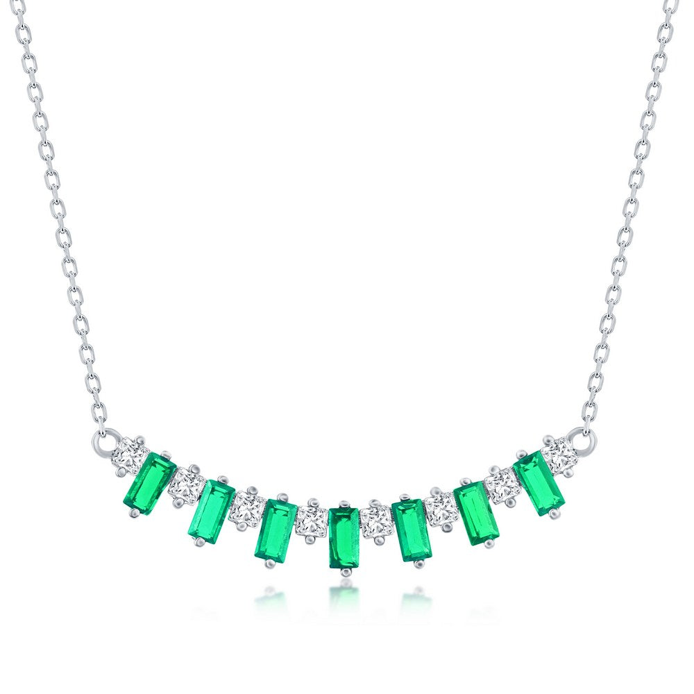 Bar Necklace with Baguettes and Clear Cubic Zirconias - Sterling Silver