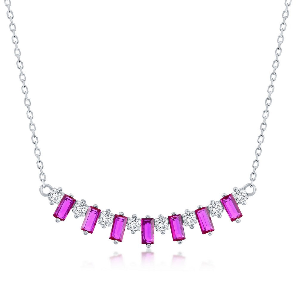 Bar Necklace with Baguettes and Clear Cubic Zirconias - Sterling Silver