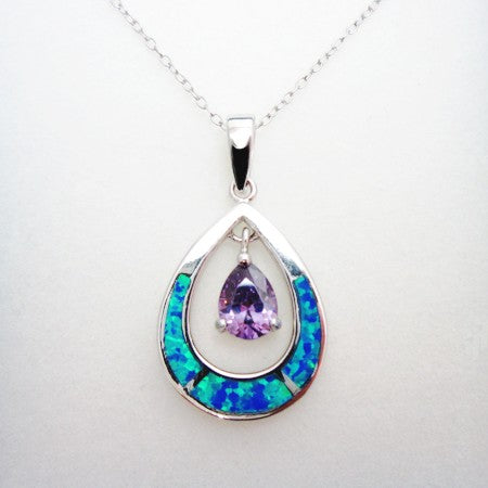 Blue Fire Opal Teardrop Sterling Silver Necklace with Amethyst - Chain Included